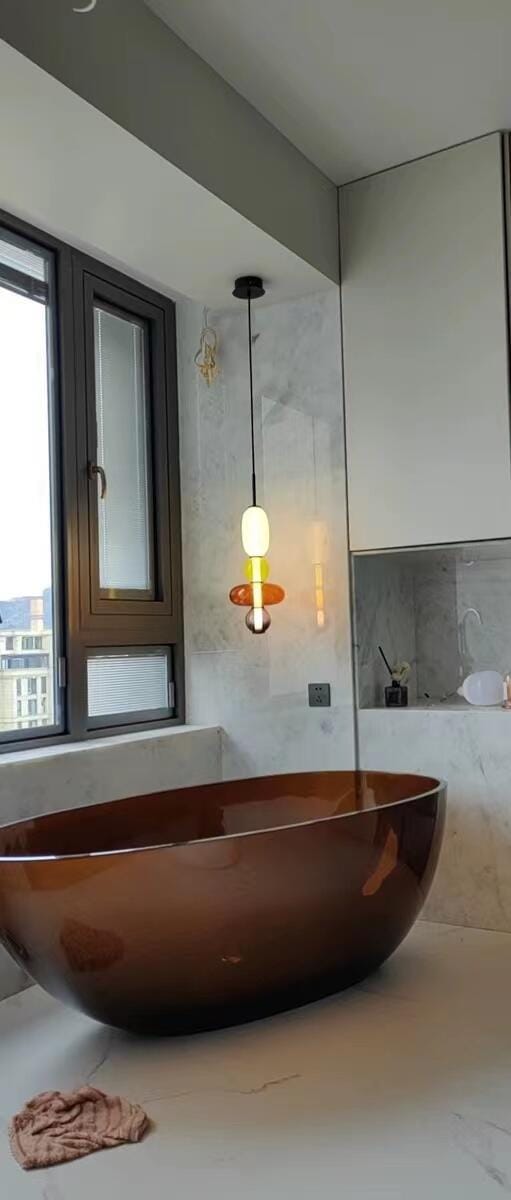 Customer photo review of Pendant Light, Tinted Glass Jar Shades, Integrated LED, Black Body