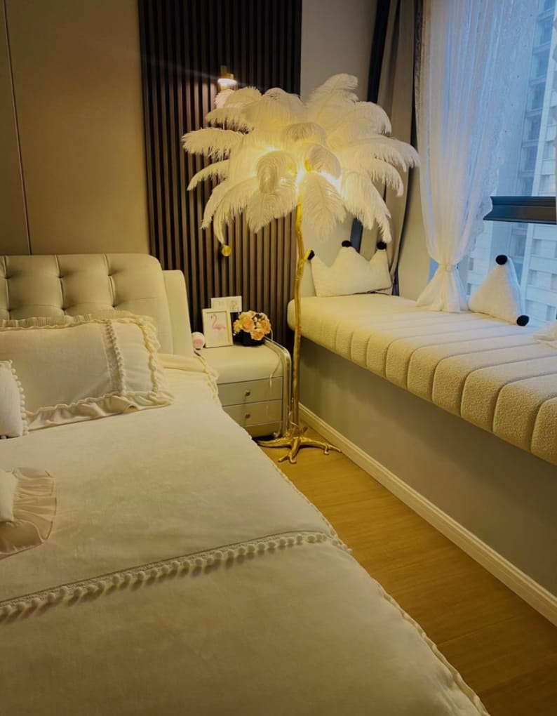 Customer photo review of Floor Lamp, Ostrich Feather Shade, Brass Base, 6x G9, Plug-In