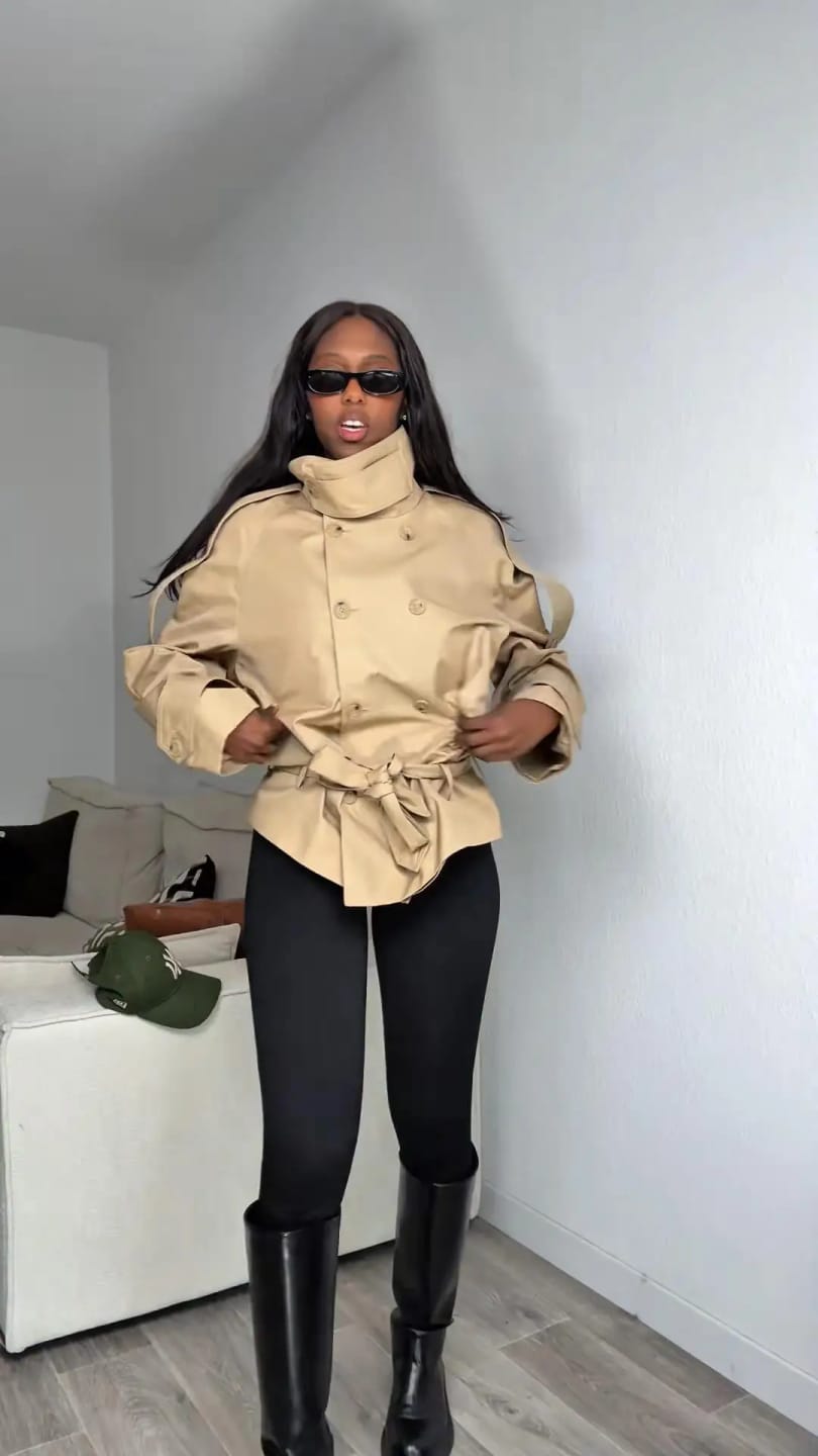 Customer photo review of Anna High Neck Cropped Utility Trench Coat
