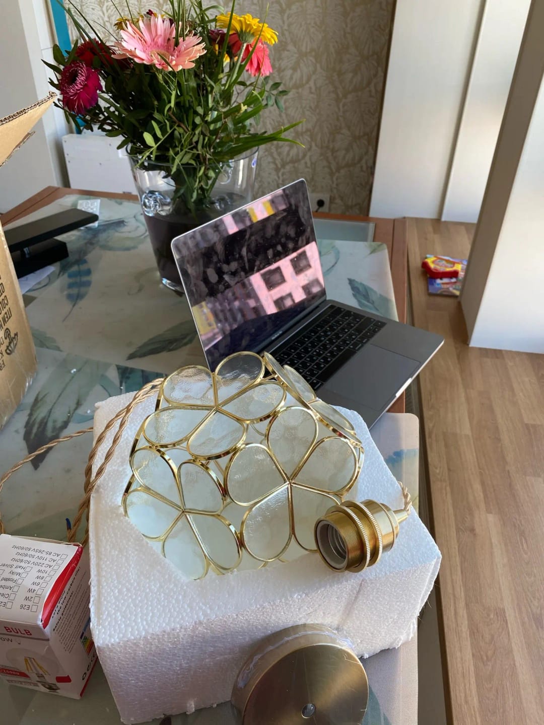 Customer photo review of Glass Petal Pendant Light, Handblown Shade, Brass Fitting, E26/E27
