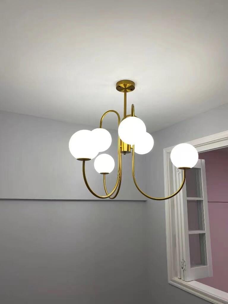 Customer photo review of Gooseneck Chandelier, Wrought Iron, White Glass Globes, E14