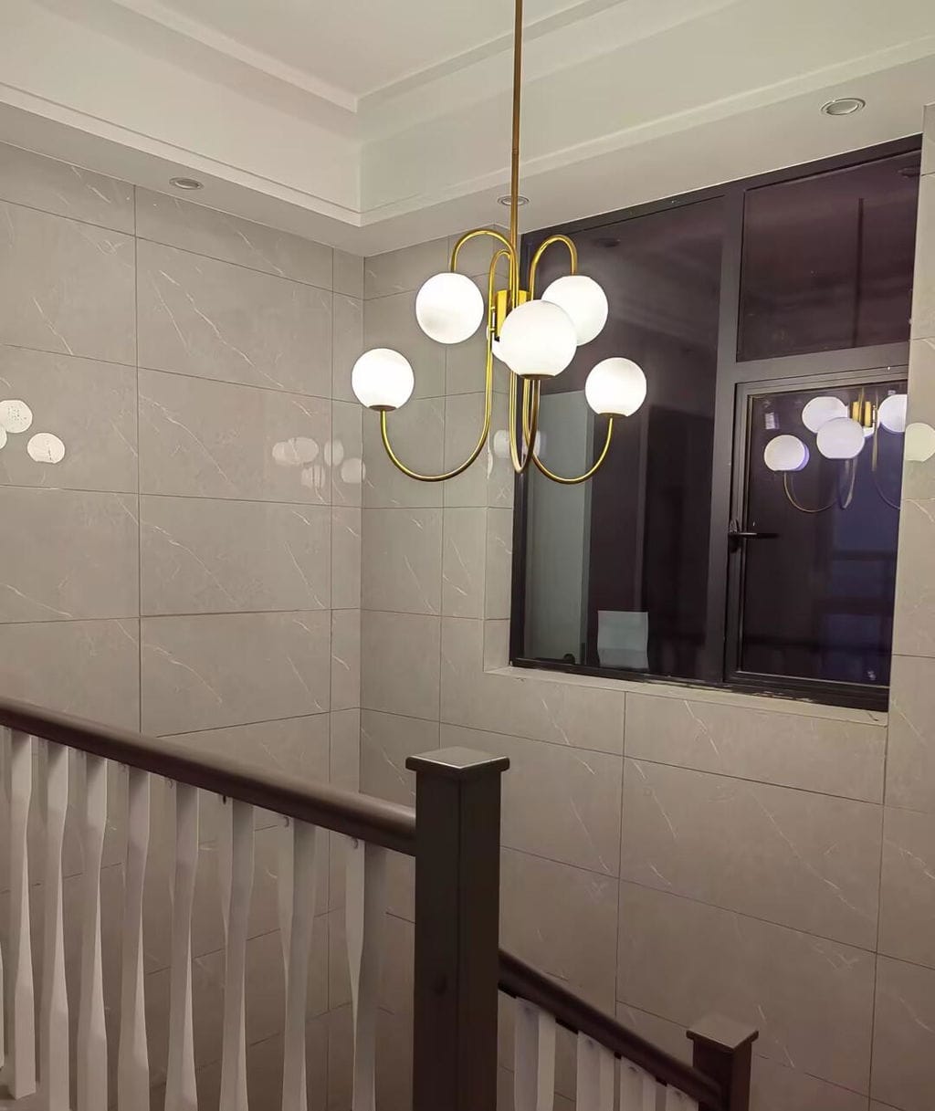 Customer photo review of Gooseneck Chandelier, Wrought Iron, White Glass Globes, E14