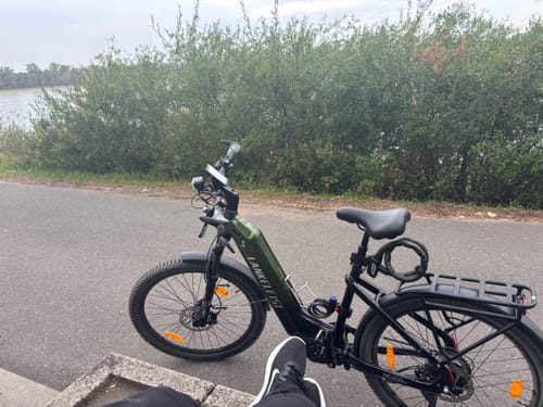 Customer's green Lankeleisi MG600 Lite electric bike parked on a paved path near trees.