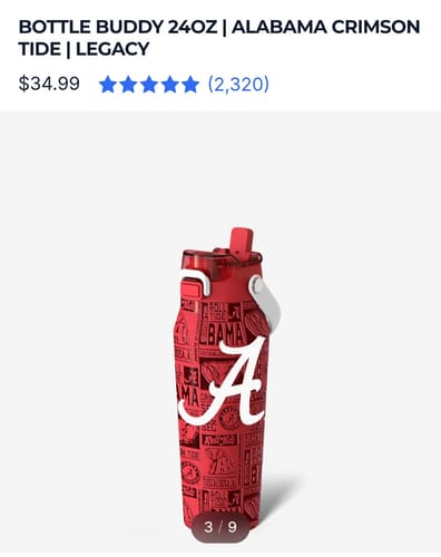 Customer's Bottle Buddy 24oz Alabama Crimson Tide water bottle, showing a red patterned design with a white logo.