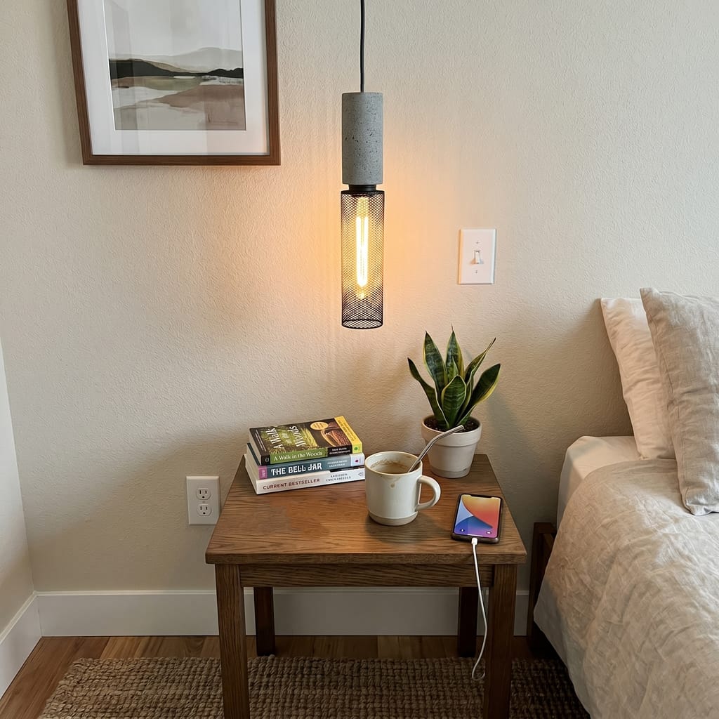 Customer photo review of Cement Mesh Pendant Light, Raw Cement Top, Black Wire Cage, E26/E27