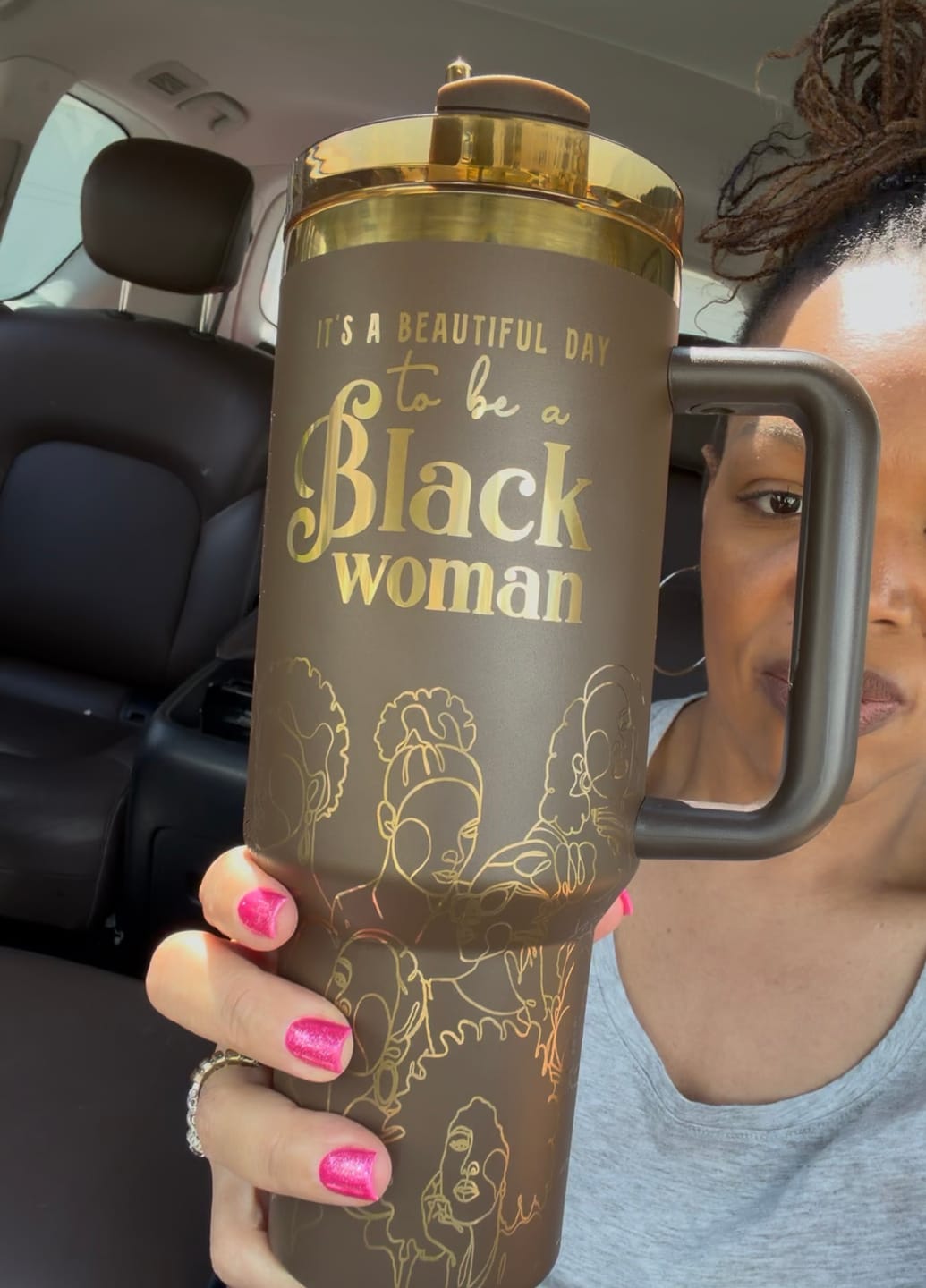 Customer photo review of "Brown Sugar" FlowSip™ Insulated Tumbler – It's a Beautiful Day to Be a Black Woman