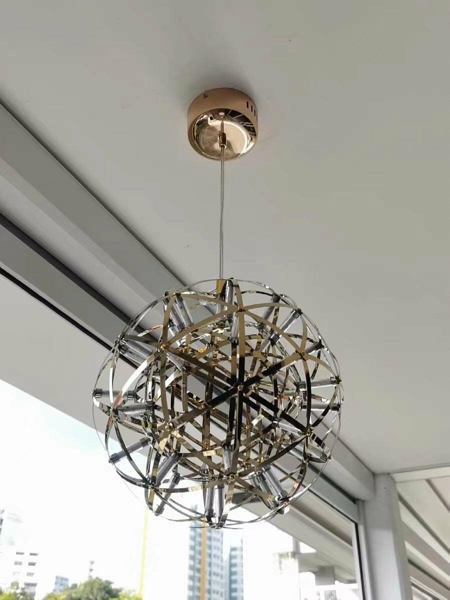 Customer photo review of Spark Ball Pendant Light, Stainless Steel Sphere, Warm White LED