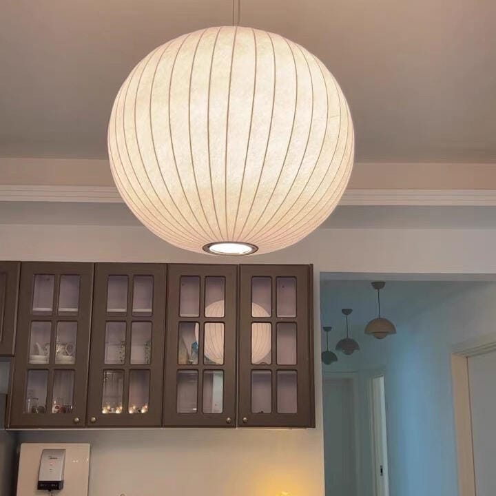 Customer photo review of Pendant Light, Crisscross Bubble, Mulberry Silk, Steel Wireframe, E26