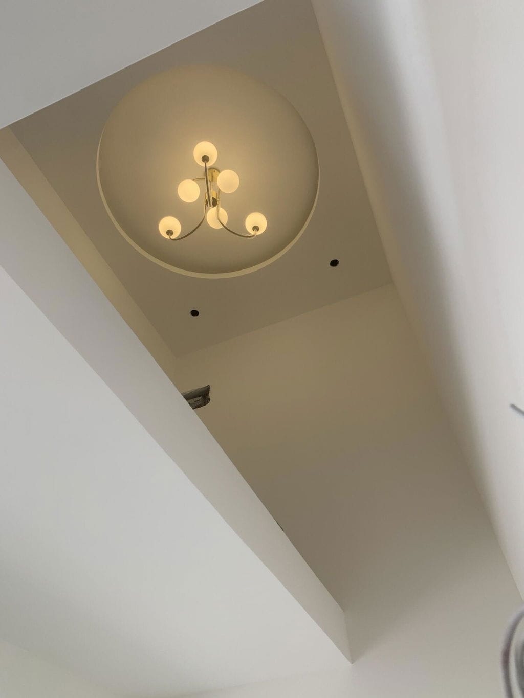 Customer photo review of Gooseneck Chandelier, Wrought Iron, White Glass Globes, E14