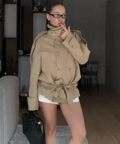 Customer photo review of Anna High Neck Cropped Utility Trench Coat