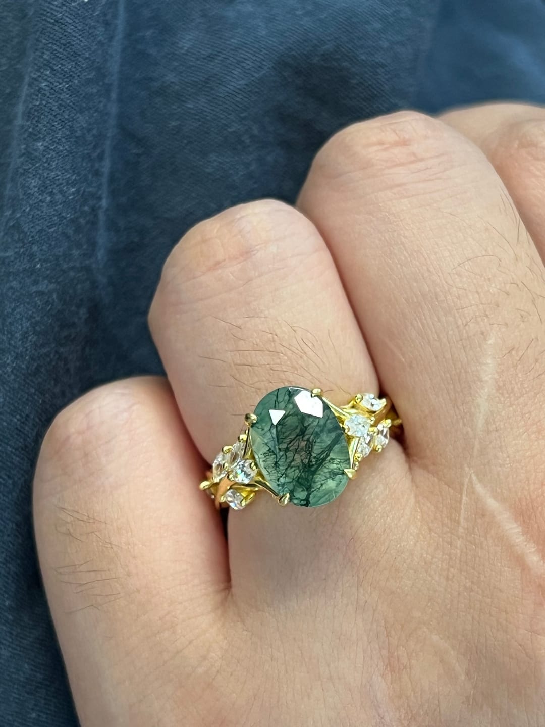 Customer photo review of Nature-Inspired Split Shank 3.5Ct Oval Cut Moss Agate Vine-Style Engagement Ring