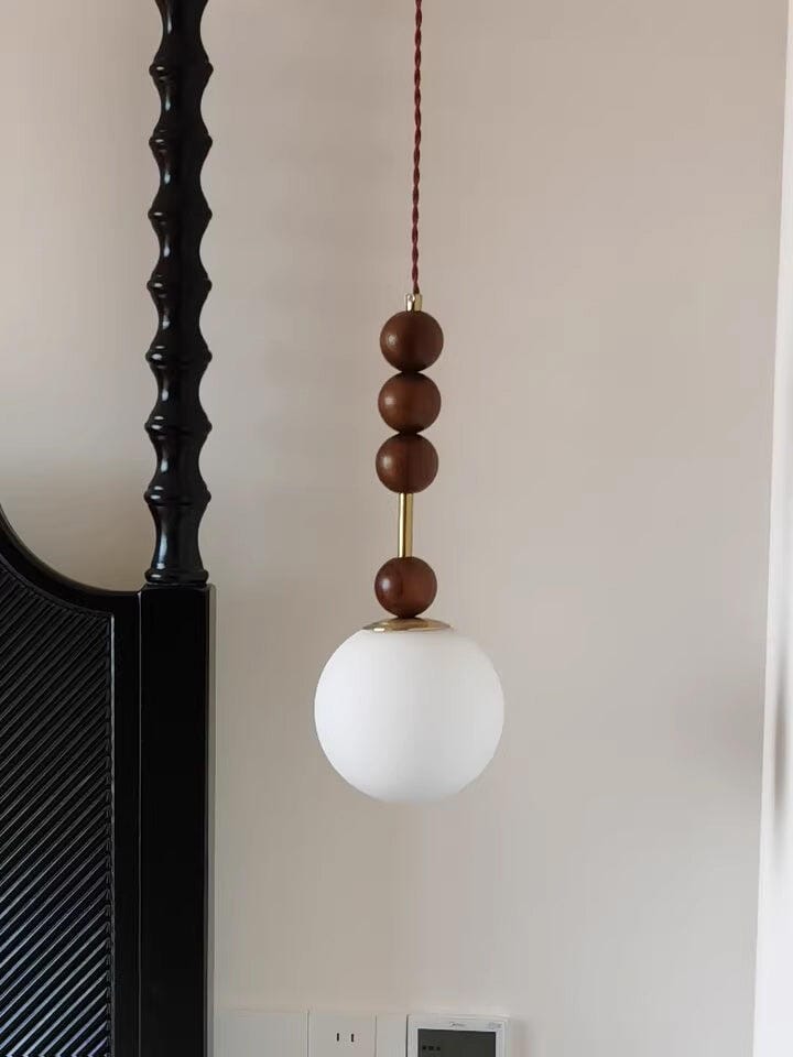 Customer photo review of Pendant Light, Maru Ash Wood Beads, Copper or Walnut, G9 Glass Shade