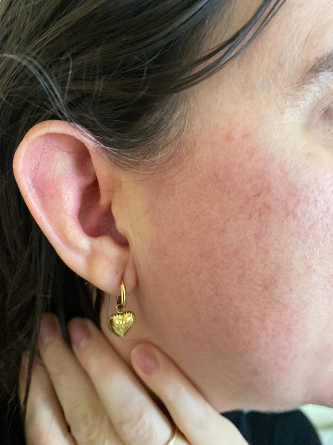 Customer photo review of Gold Evil Eye Heart Charm Huggie Earrings