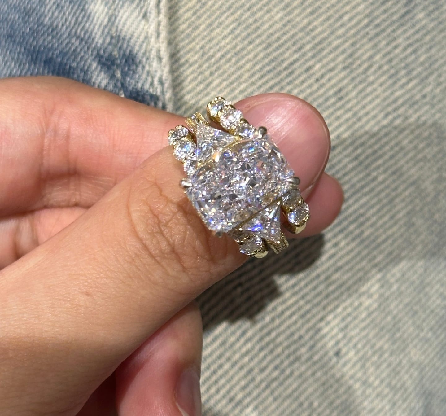 Customer photo review of S925 3PC 5.0Ct Radiant Cut Wedding Ring Set 18K Gold Plated Side Stone Engagement Rings With 2PC Pavé Wedding Band