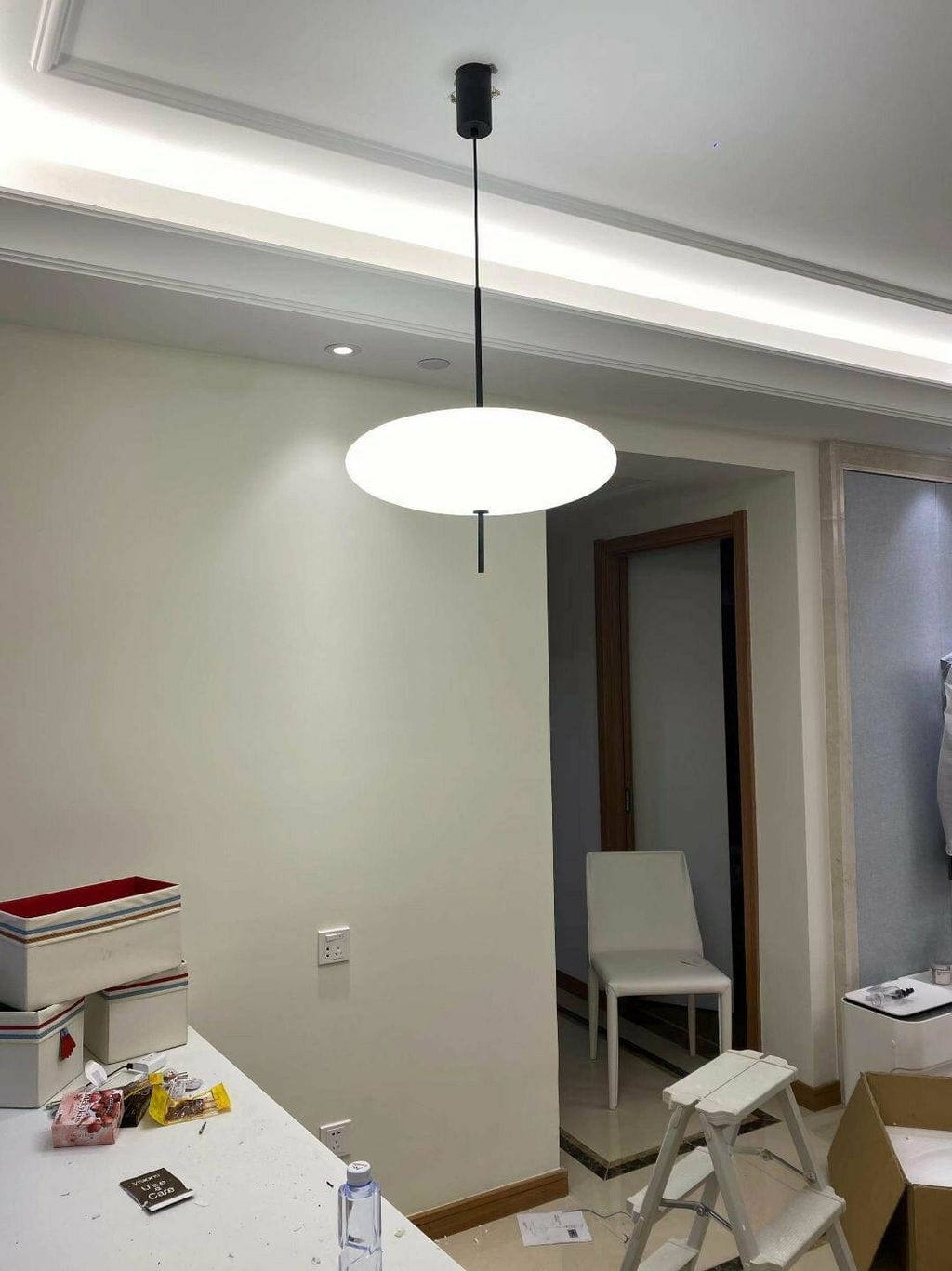 Customer photo review of Opal Disc Pendant Light, Opalescent Shade, Black or White, E26/E27