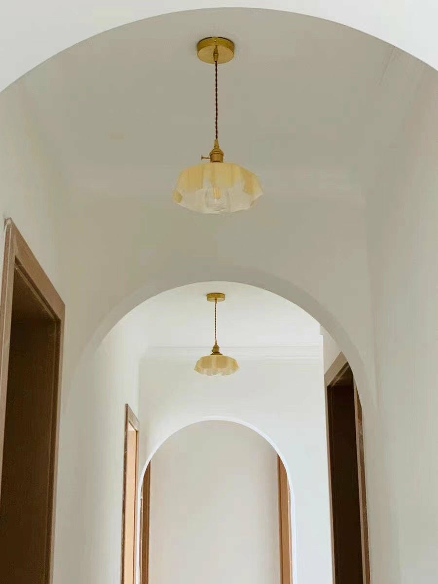 Customer photo review of French Flower Pendant Light, Pleated Glass Shade, Brass, E27