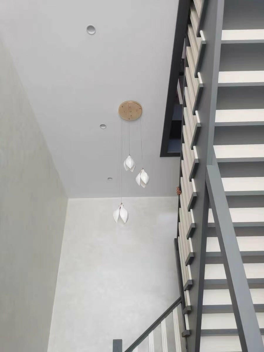 Customer photo review of Pendant Light, Ceramic Flower Shades, Brass & White, G9 LED