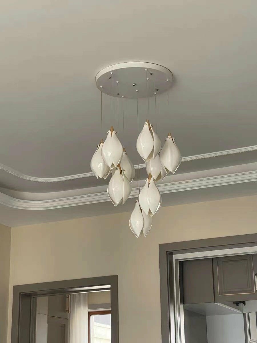 Customer photo review of Pendant Light, Ceramic Flower Shades, Brass & White, G9 LED