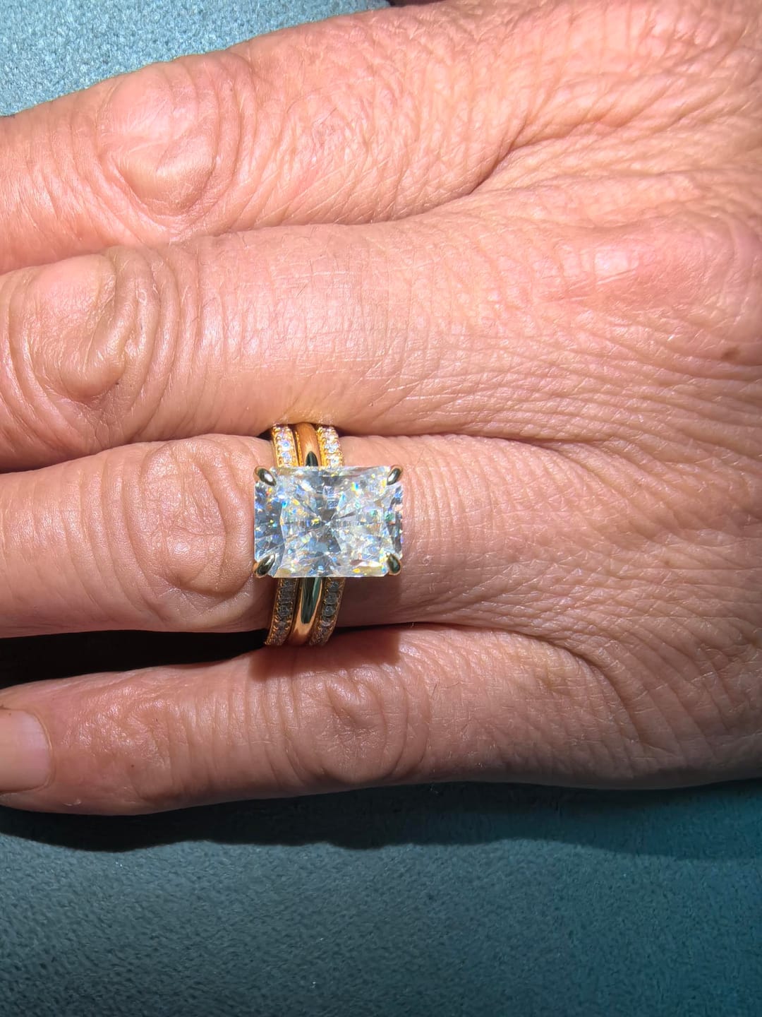 Customer photo review of Moissanite 4.5Ct Radiant Cut Vintage Stackable Enhancer Open Band Ring Sets For Everyday Wear