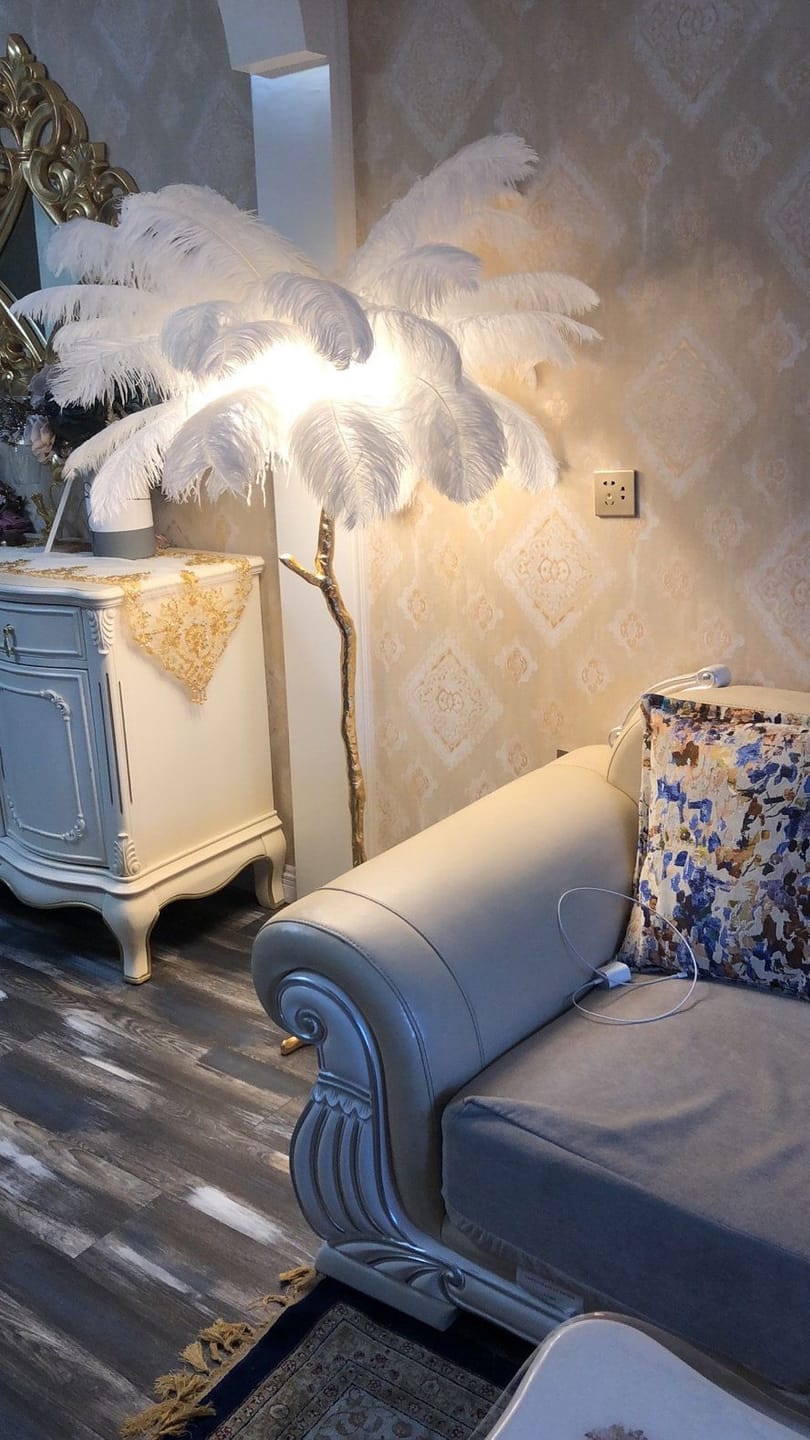 Customer photo review of Floor Lamp, Ostrich Feather Shade, Brass Base, 6x G9, Plug-In