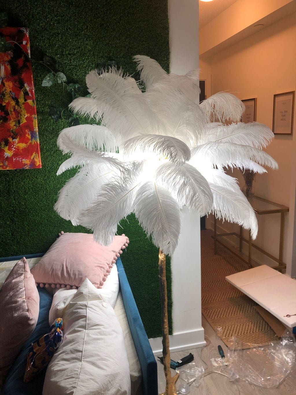 Customer photo review of Floor Lamp, Ostrich Feather Shade, Brass Base, 6x G9, Plug-In