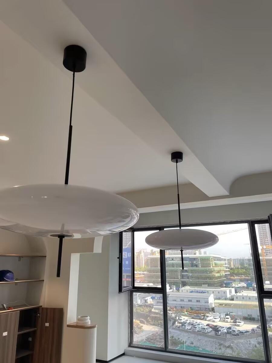 Customer photo review of Opal Disc Pendant Light, Opalescent Shade, Black or White, E26/E27