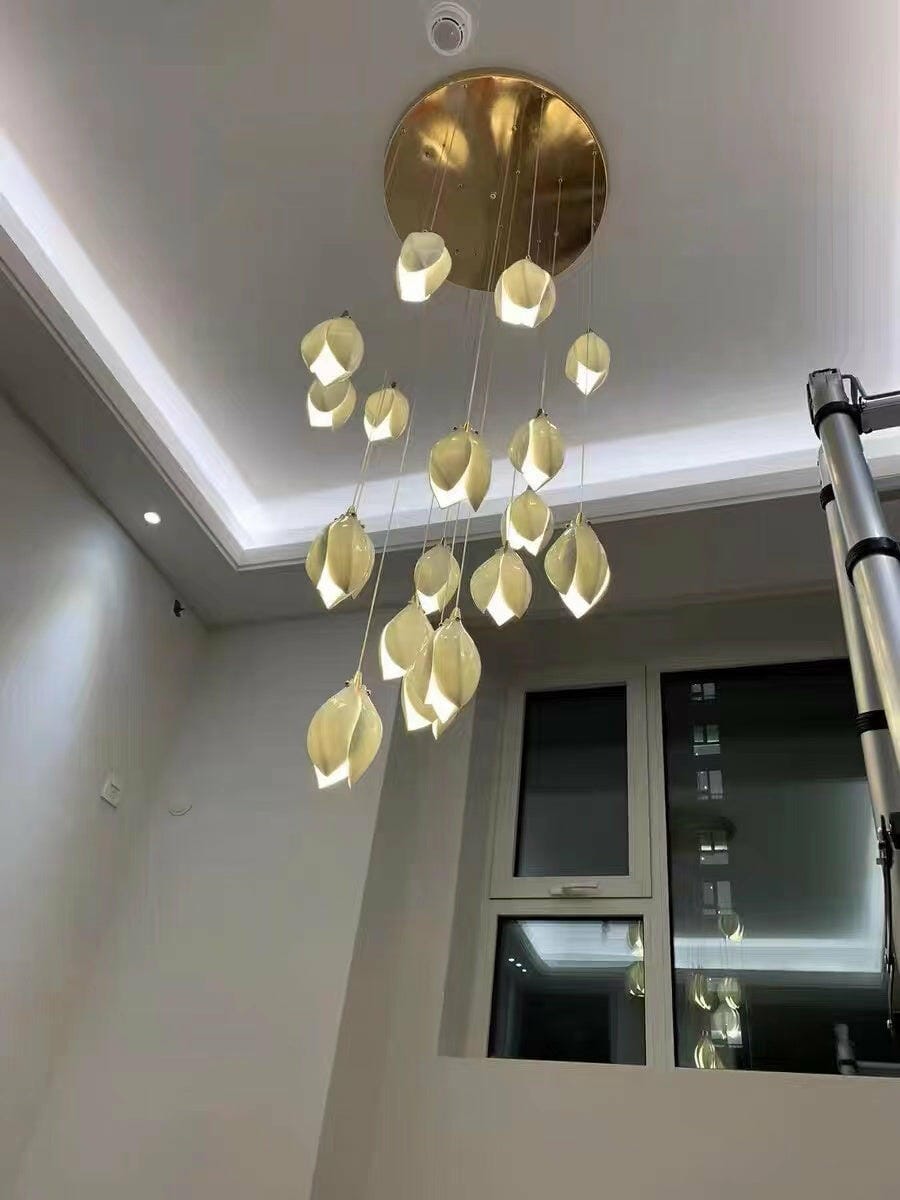 Customer photo review of Pendant Light, Ceramic Flower Shades, Brass & White, G9 LED