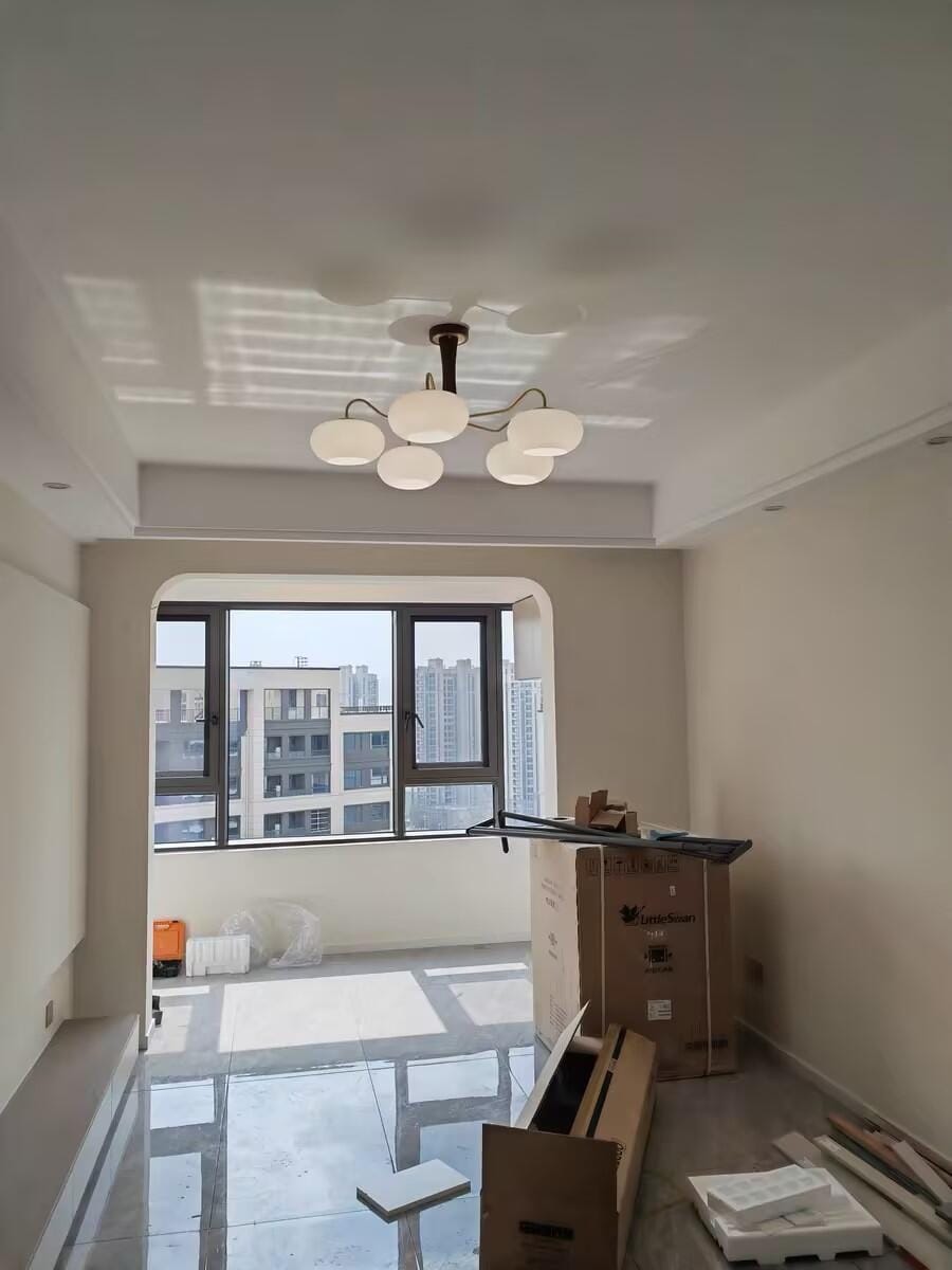 Customer photo review of Chandelier, Persimmon Brass & Wood, White Glass Shades, E26/E27