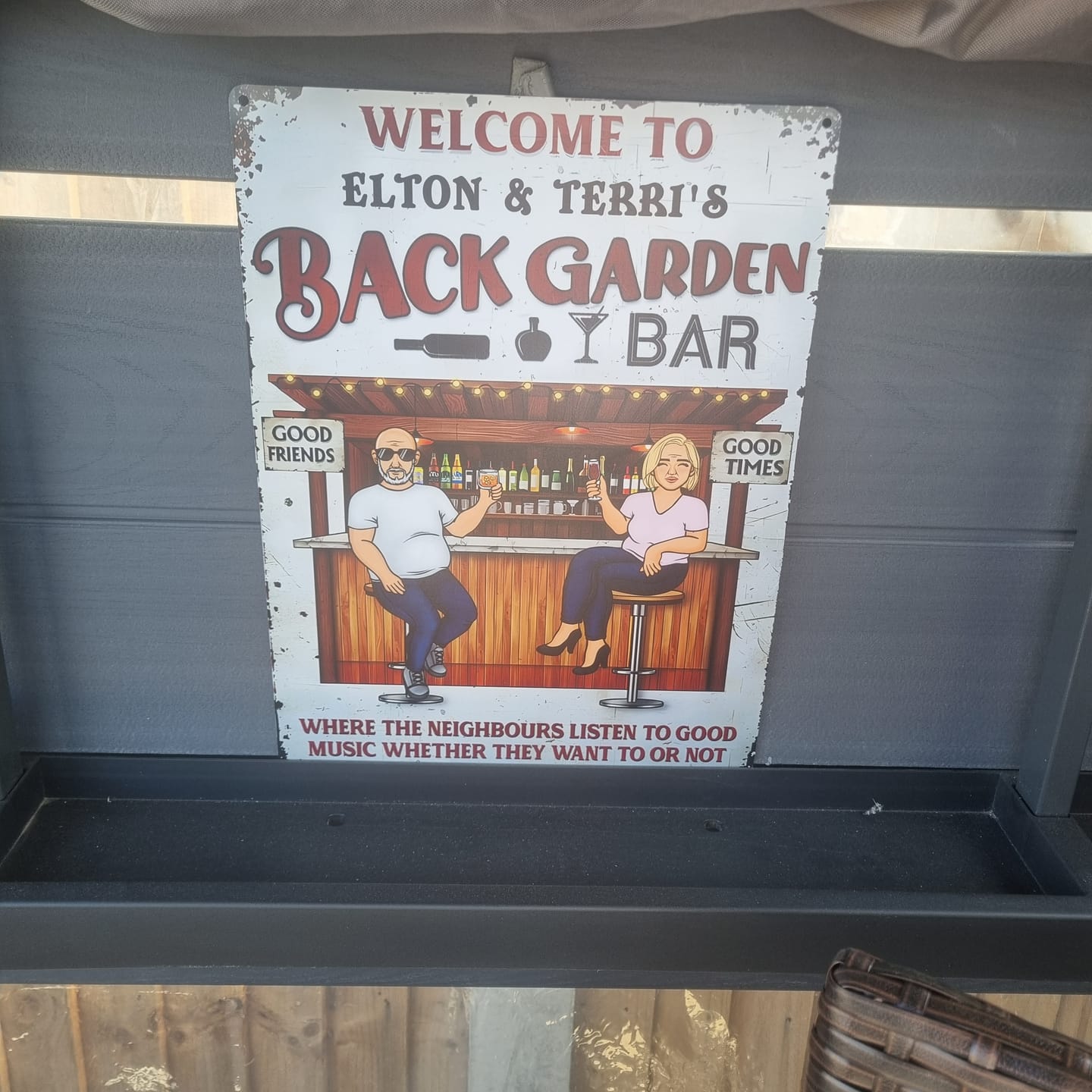 Customer photo review of Patio Where Memories Are Made And Often Forgotten In The Morning - Personalized Vertical Metal Sign