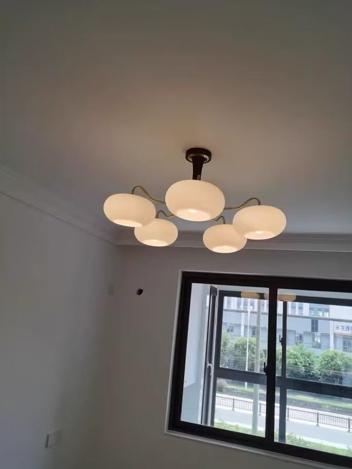 Customer photo review of Chandelier, Persimmon Brass & Wood, White Glass Shades, E26/E27