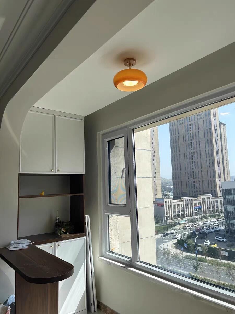 Customer photo review of Ceiling Light Plafonnier, Bauhaus Glass Disc, Natural Wood Frame, E27