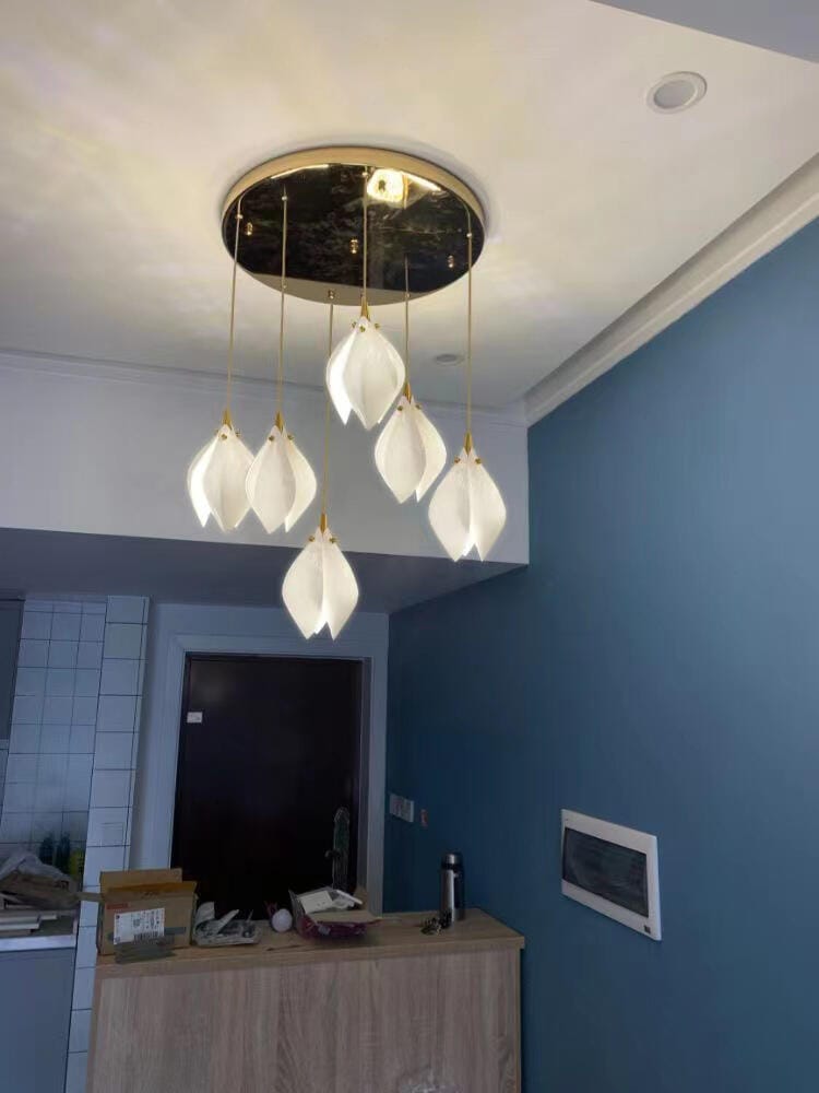 Customer photo review of Pendant Light, Ceramic Flower Shades, Brass & White, G9 LED