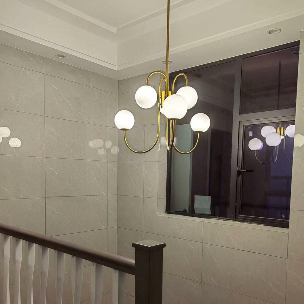Customer photo review of Gooseneck Chandelier, Wrought Iron, White Glass Globes, E14