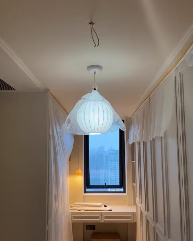 Customer photo review of Pendant Light, Crisscross Bubble, Mulberry Silk, Steel Wireframe, E26
