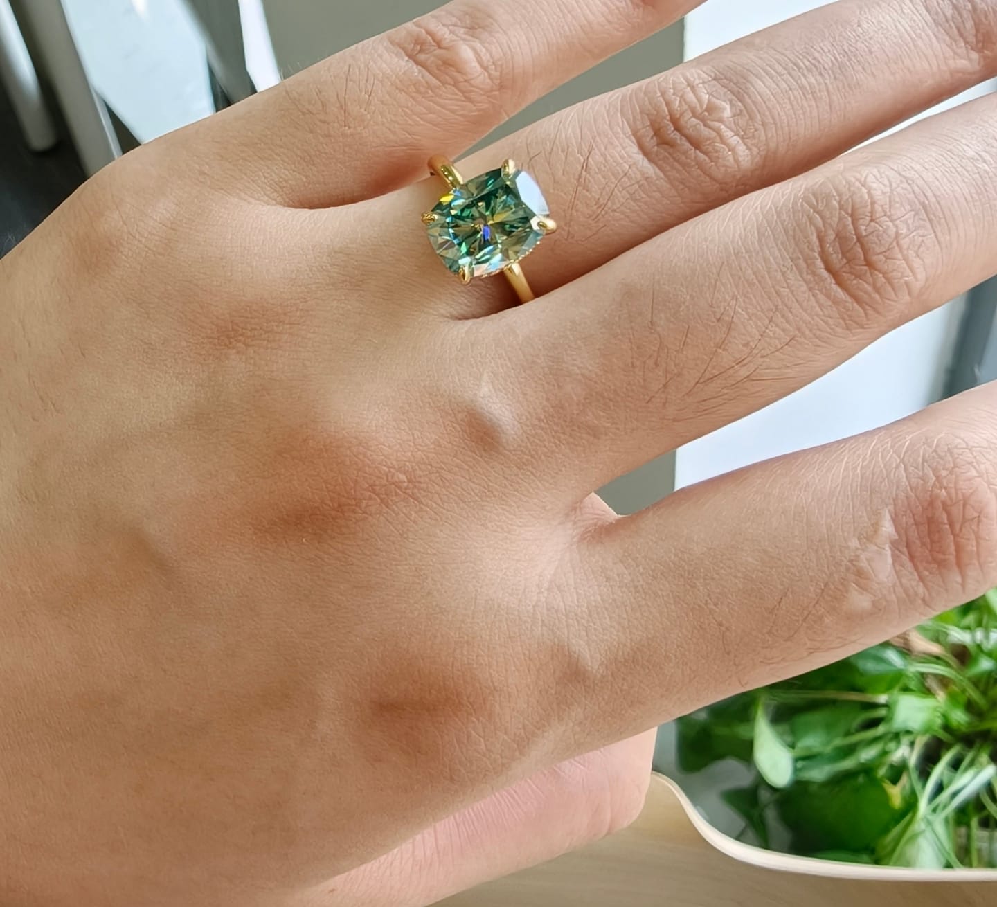Customer photo review of S925 Moissanite 3.5Ct Cushion Cut Hidden Halo Green Stone Engagement Ring in Sterling Silver