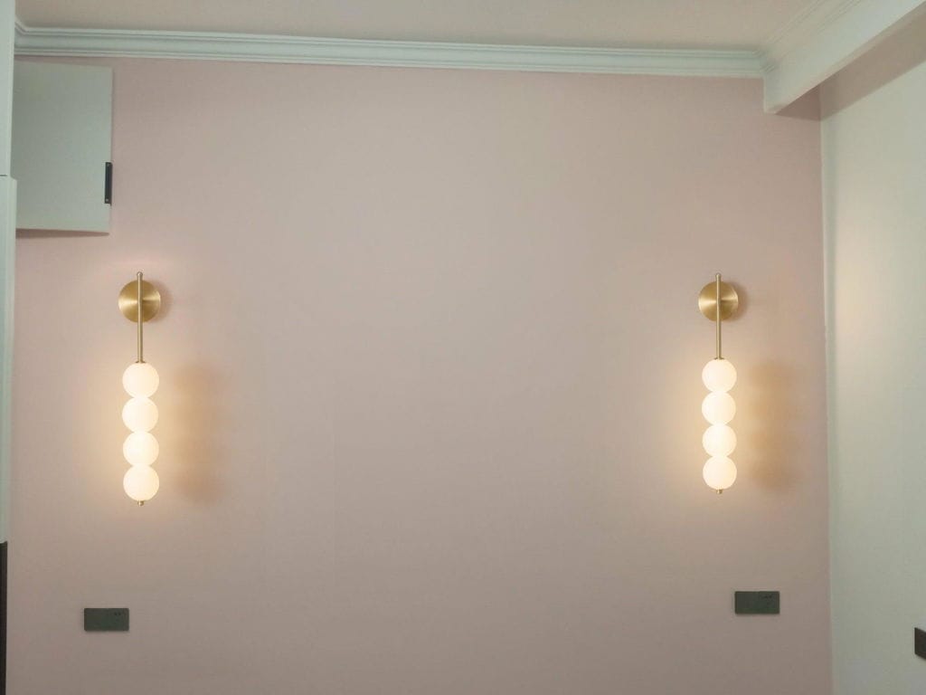 Customer photo review of Wall Lamp, Stacked Glass Globes, Matte White Shades, Integrated LED, Dimmable