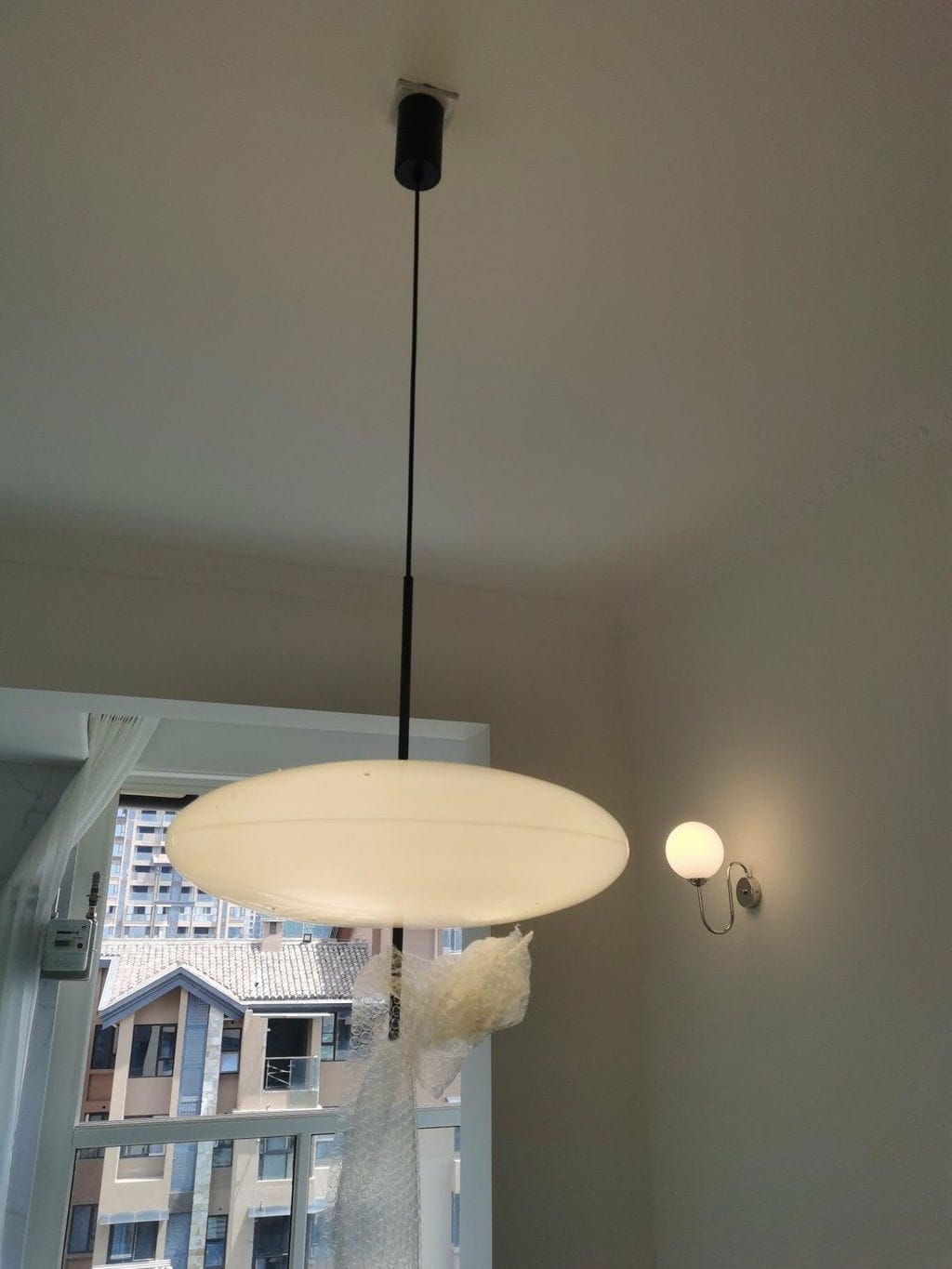 Customer photo review of Opal Disc Pendant Light, Opalescent Shade, Black or White, E26/E27