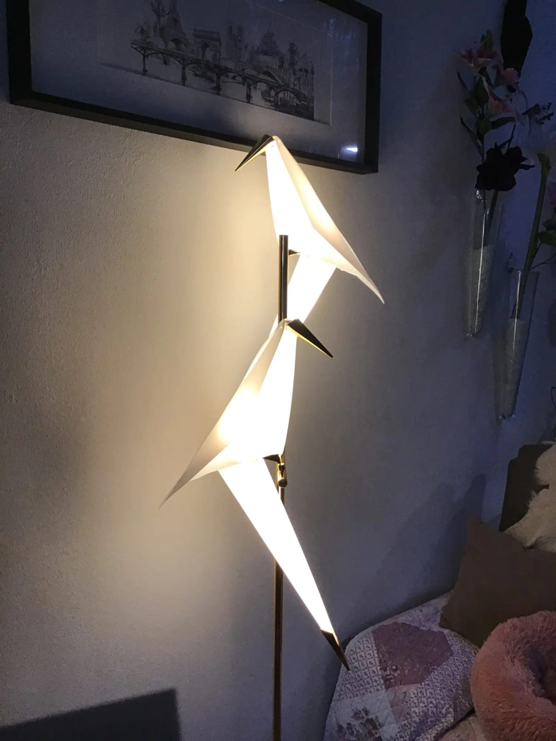 Customer photo review of Paper Crane LED Chandelier, Acrylic Birds, Gold Frame, 3000K
