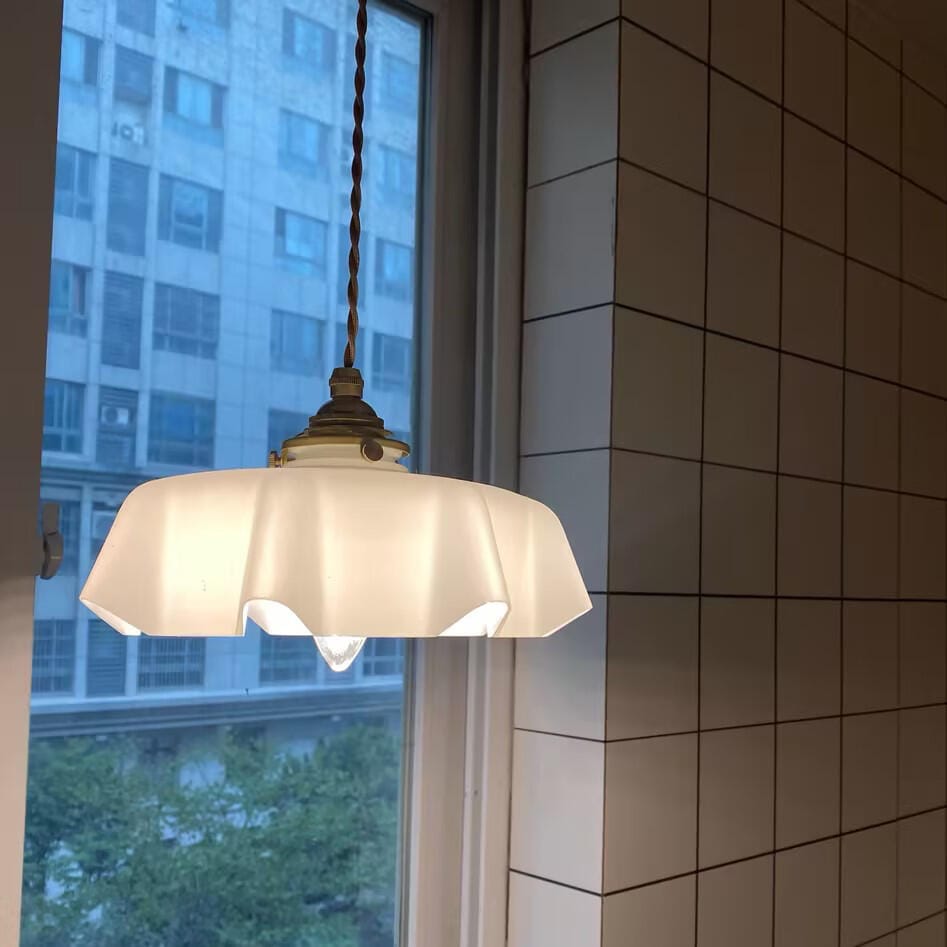 Customer photo review of French Flower Pendant Light, Pleated Glass Shade, Brass, E27