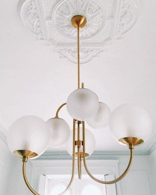 Customer photo review of Gooseneck Chandelier, Wrought Iron, White Glass Globes, E14