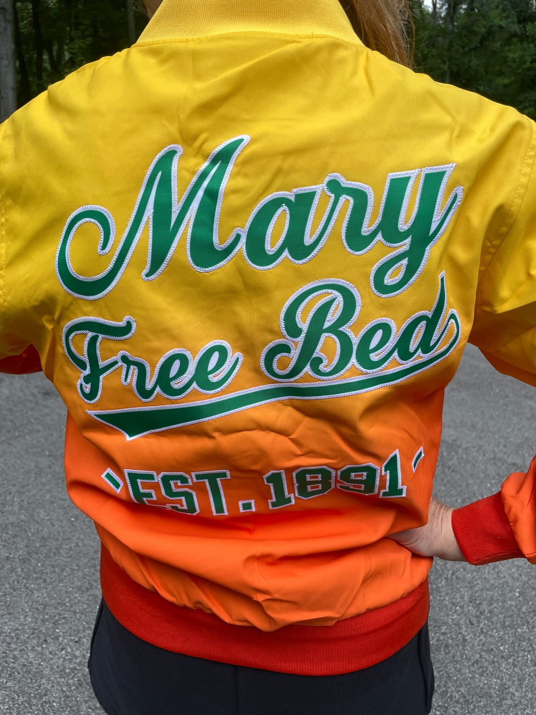 Customer photo review of Custom Gold Orange-Green Varsity Full-Zip Gradient Fashion Letterman Bomber Jacket