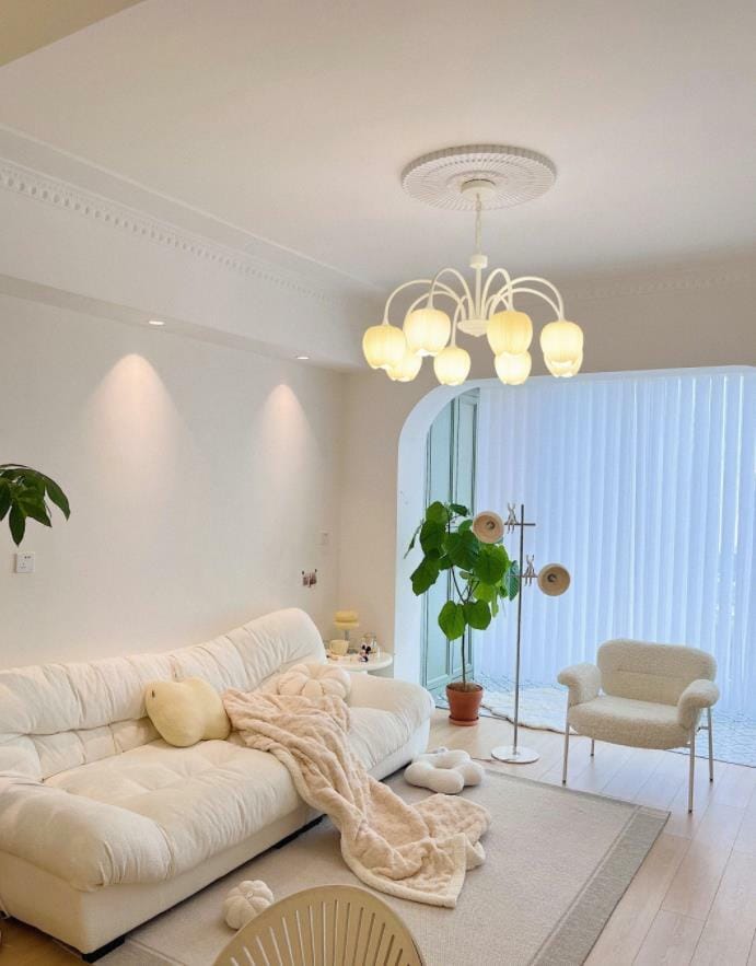 Customer photo review of Tulip Chandelier, White Glass Tulip Shades, Matcha Green Frame, E26