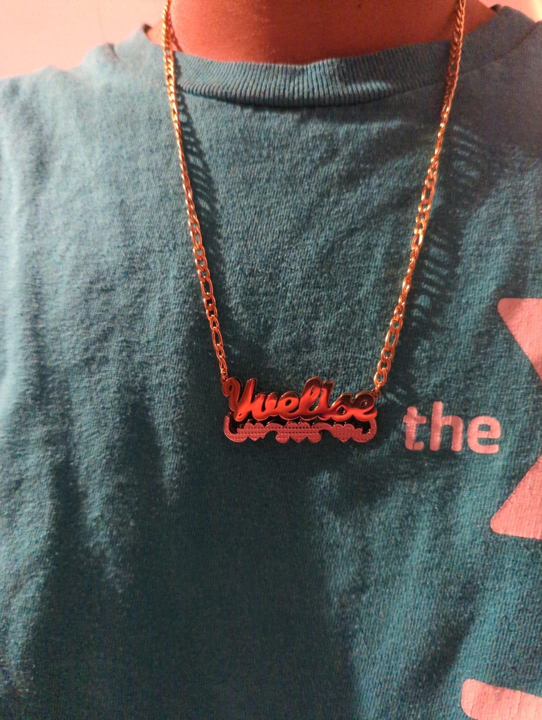 Customer photo review of Double Plated Triple Heart Name Necklace w/ Cuban Chain