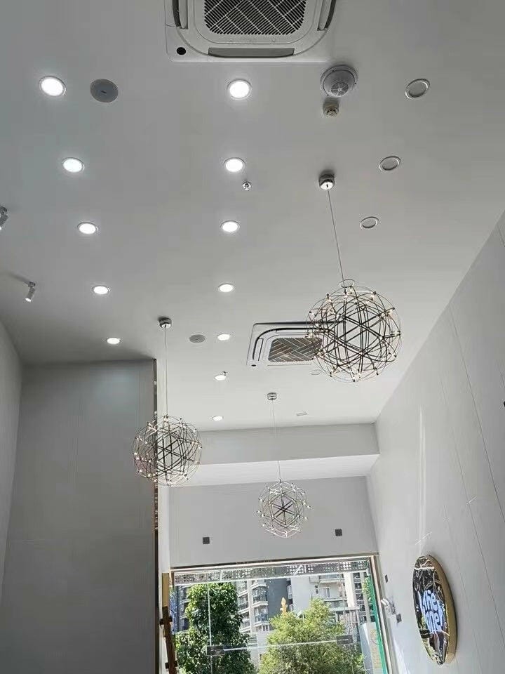 Customer photo review of Spark Ball Pendant Light, Stainless Steel Sphere, Warm White LED