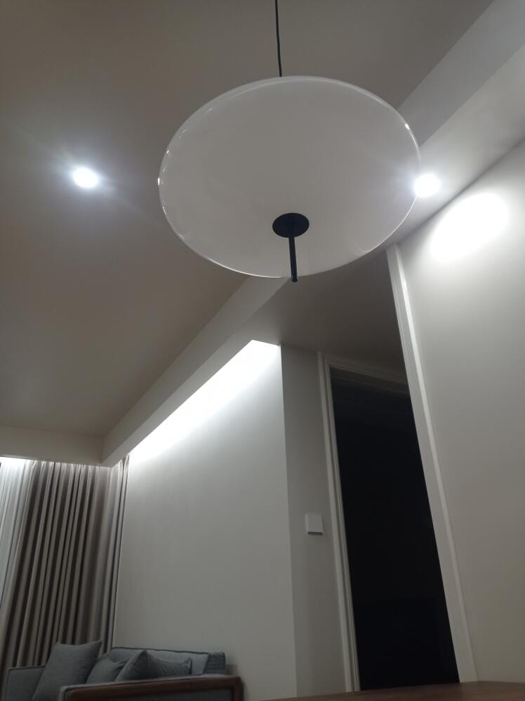 Customer photo review of Opal Disc Pendant Light, Opalescent Shade, Black or White, E26/E27
