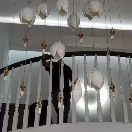 Customer photo review of Pendant Light, Ceramic Flower Shades, Brass & White, G9 LED