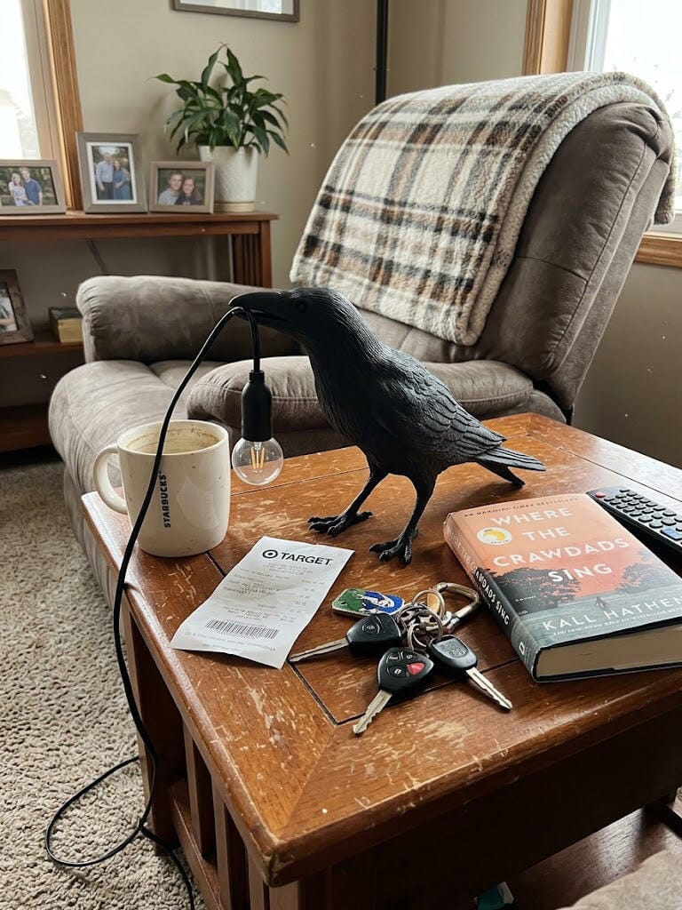 Customer photo review of Table Lamp, Raven Resin Sculpture, E14 Edison Bulb, White or Black