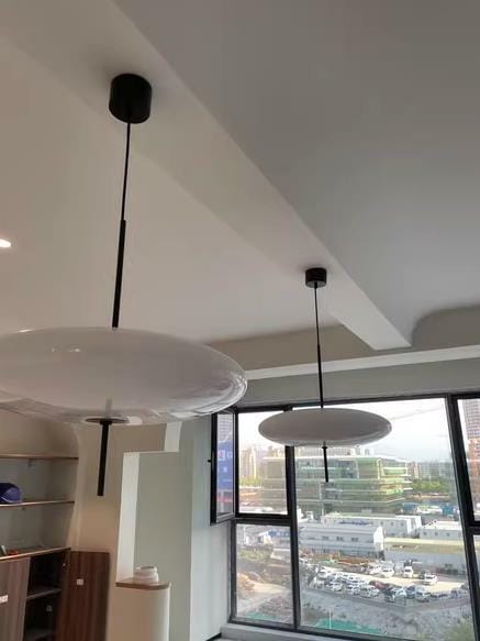 Customer photo review of Opal Disc Pendant Light, Opalescent Shade, Black or White, E26/E27