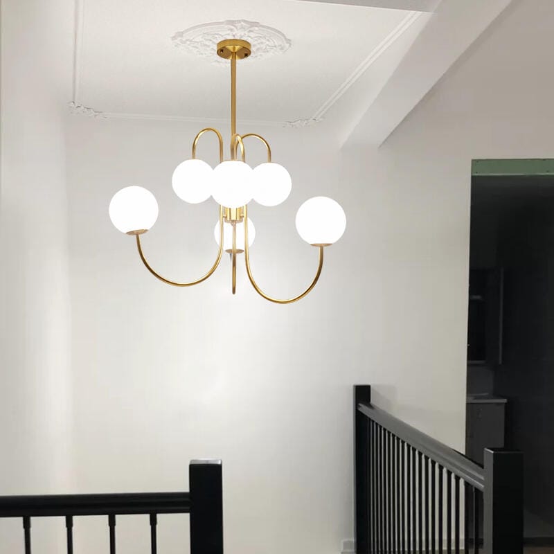 Customer photo review of Gooseneck Chandelier, Wrought Iron, White Glass Globes, E14