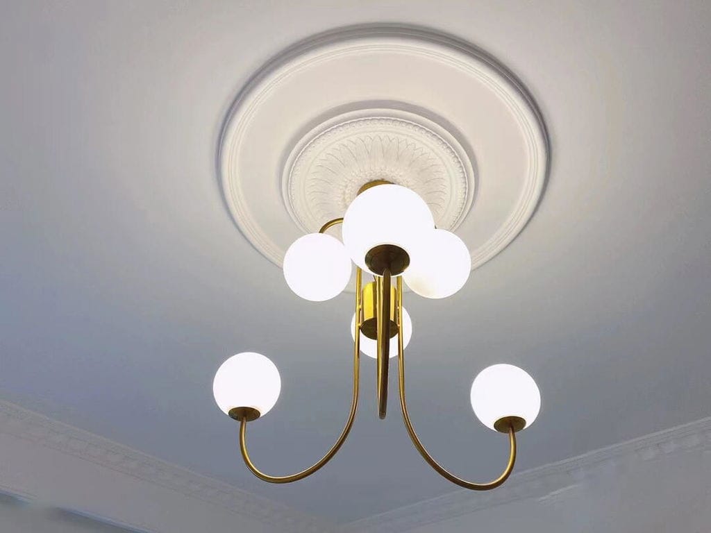 Customer photo review of Gooseneck Chandelier, Wrought Iron, White Glass Globes, E14